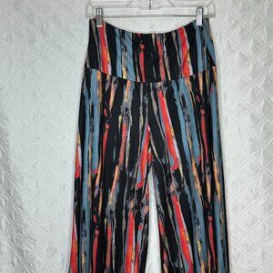 Boho abstract print colorful beach resort stretch soft wide leg lounge pants, L